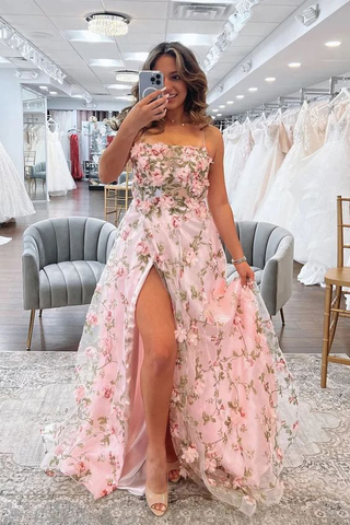 A Line Pink Floral Long Prom Dresses with High Slit Formal Graduation Evening Dresses Y5893
