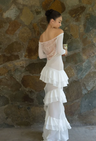 Robe de soirée élégante fourreau en dentelle et mousseline à volants, robe de mariée blanche Y8082