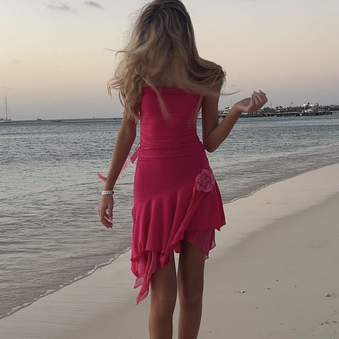 Elegante vestido playero rosa fucsia, lindo vestido para fiesta de bienvenida Y2959