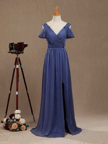 Robe de soirée trapèze en mousseline de soie, col en V, longueur au sol, manches flottantes 