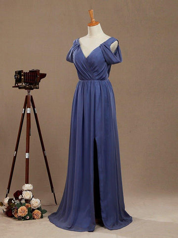 Robe de soirée trapèze en mousseline de soie, col en V, longueur au sol, manches flottantes 