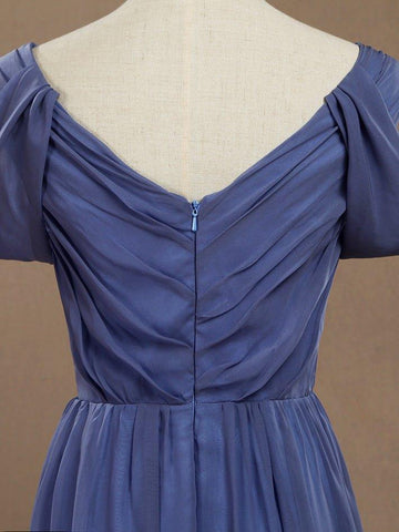 Robe de soirée trapèze en mousseline de soie, col en V, longueur au sol, manches flottantes 