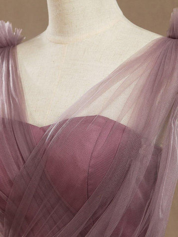 Robe de demoiselle d'honneur trapèze en tulle, col en V, longueur au sol, avec plis froncés 