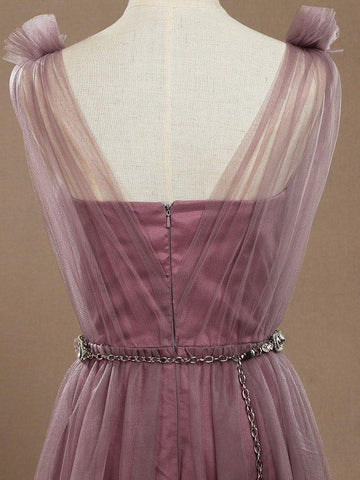 Robe de demoiselle d'honneur trapèze en tulle, col en V, longueur au sol, avec plis froncés 