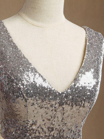 Robe de demoiselle d'honneur en mousseline mélangée à paillettes, col en V, coupe trapèze, sans manches 
