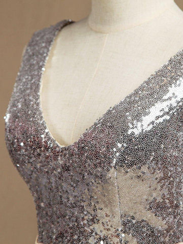 Robe de demoiselle d'honneur en mousseline mélangée à paillettes, col en V, coupe trapèze, sans manches 