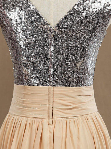 Robe de demoiselle d'honneur en mousseline mélangée à paillettes, col en V, coupe trapèze, sans manches 