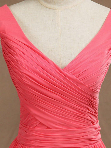 Vestido de dama de honor de gasa con escote en V, largo hasta el suelo y pliegues entrecruzados 