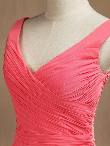 Vestido de dama de honor de gasa con escote en V, largo hasta el suelo y pliegues entrecruzados 