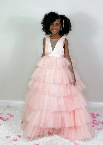 Ball-Gown/Princess Pearl Pink Sleeveless Tulle Bow Flower Girl Dress