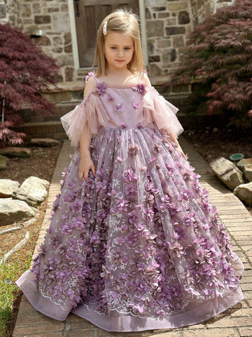 Ball-Gown/Princess 3D Flower Tulle Floor-length Dress