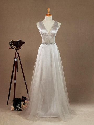 Robe de demoiselle d'honneur trapèze en tulle, col en V, longueur au sol, avec ceinture 