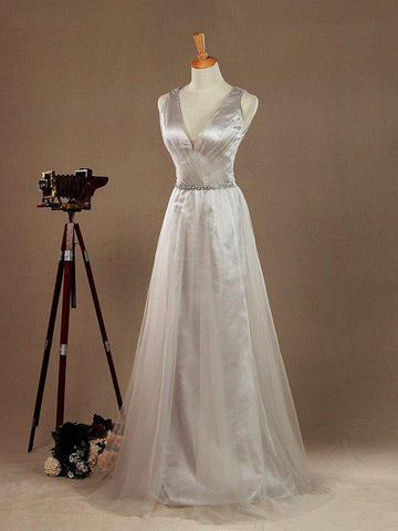 Robe de demoiselle d'honneur trapèze en tulle, col en V, longueur au sol, avec ceinture 