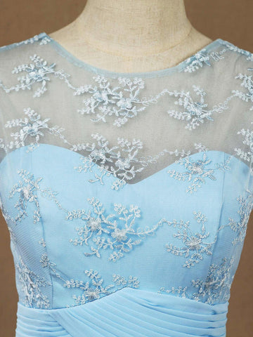 Robe de demoiselle d'honneur trapèze, col rond, longueur au sol, en mousseline de soie mélangée et dentelle, dos transparent 