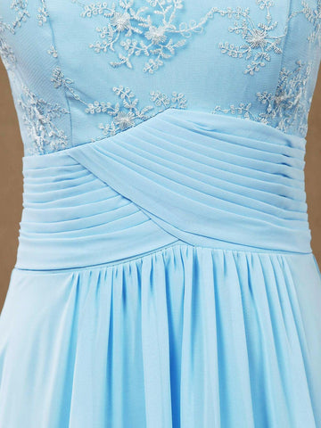 Robe de demoiselle d'honneur trapèze, col rond, longueur au sol, en mousseline de soie mélangée et dentelle, dos transparent 