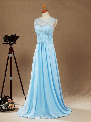 Robe de demoiselle d'honneur trapèze, col rond, longueur au sol, en mousseline de soie mélangée et dentelle, dos transparent 