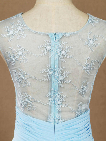 Robe de demoiselle d'honneur trapèze, col rond, longueur au sol, en mousseline de soie mélangée et dentelle, dos transparent 