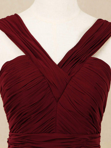 Vestido de dama de honor de gasa con escote en V, largo hasta el suelo y tirantes dobles 