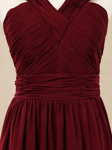 Vestido de dama de honor de gasa con escote en V, largo hasta el suelo y tirantes dobles 