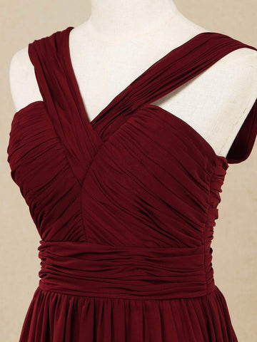 Vestido de dama de honor de gasa con escote en V, largo hasta el suelo y tirantes dobles 