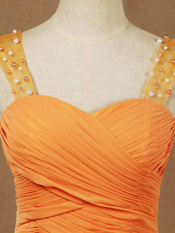 Robe de demoiselle d'honneur en mousseline, coupe trapèze, longueur au sol, avec bretelles perlées et fronces croisées 