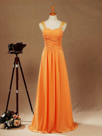 Robe de demoiselle d'honneur en mousseline, coupe trapèze, longueur au sol, avec bretelles perlées et fronces croisées 