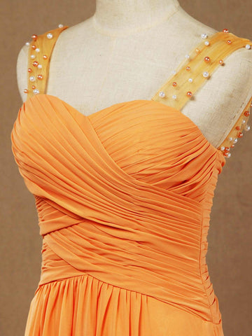 Robe de demoiselle d'honneur en mousseline, coupe trapèze, longueur au sol, avec bretelles perlées et fronces croisées 