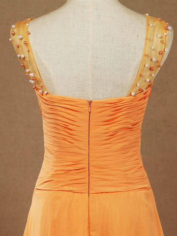 Robe de demoiselle d'honneur en mousseline, coupe trapèze, longueur au sol, avec bretelles perlées et fronces croisées 