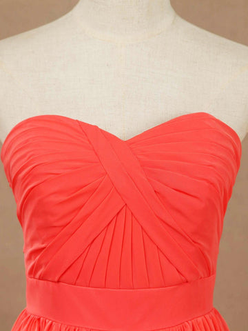 Robe de demoiselle d'honneur convertible en mousseline corail, coupe trapèze, asymétrique, dos nu, sans bretelles, décolleté en cœur 