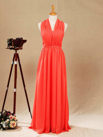 Robe de demoiselle d'honneur convertible en mousseline corail, coupe trapèze, asymétrique, dos nu, sans bretelles, décolleté en cœur 