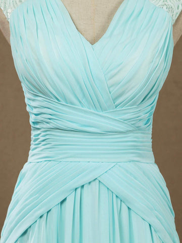 Vestido de noche formal de gasa con escote en V, largo hasta el suelo y tirantes de encaje 