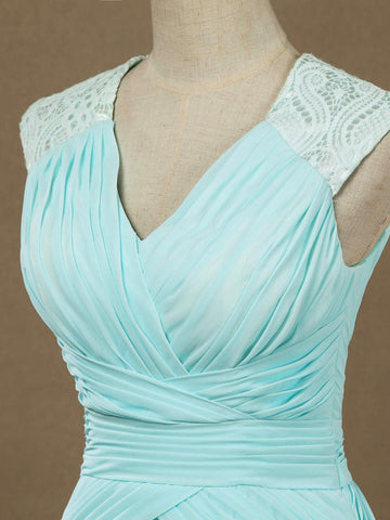 Vestido de noche formal de gasa con escote en V, largo hasta el suelo y tirantes de encaje 