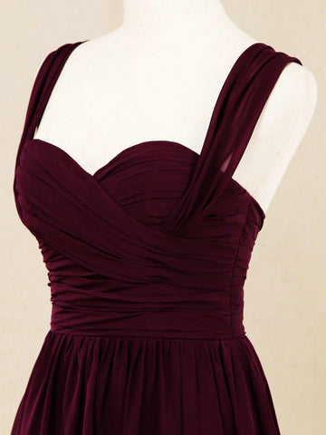 Robe de demoiselle d'honneur trapèze en mousseline de soie, longueur au sol, bretelles et décolleté en cœur 