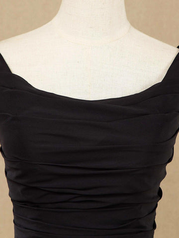 Robe de demoiselle d'honneur trapèze en mousseline de soie, col rond, longueur au sol, dos bénitier avec plis froncés 