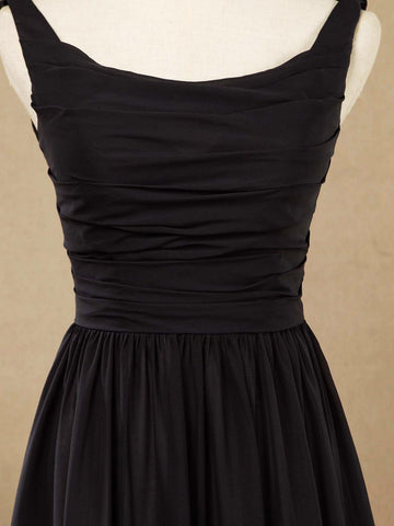 Robe de demoiselle d'honneur trapèze en mousseline de soie, col rond, longueur au sol, dos bénitier avec plis froncés 