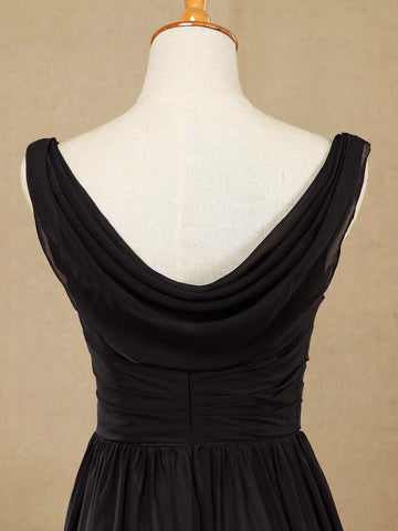 Robe de demoiselle d'honneur trapèze en mousseline de soie, col rond, longueur au sol, dos bénitier avec plis froncés 