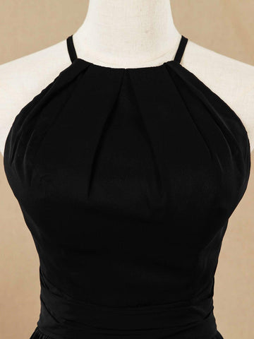 Robe de demoiselle d'honneur coupe trapèze en mousseline de soie, décolleté en V, bretelles spaghetti 