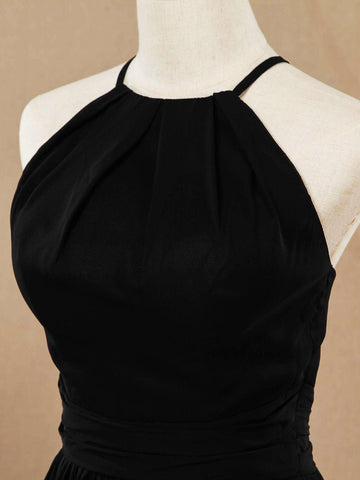 Robe de demoiselle d'honneur coupe trapèze en mousseline de soie, décolleté en V, bretelles spaghetti 