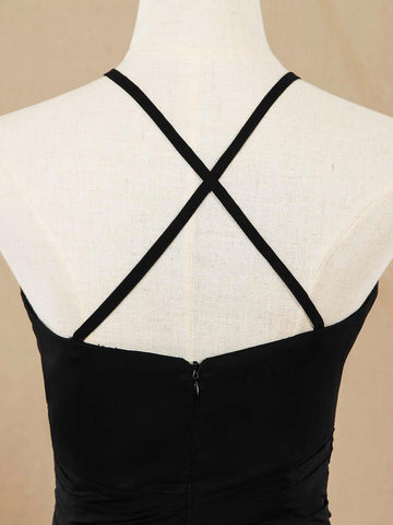 Robe de demoiselle d'honneur coupe trapèze en mousseline de soie, décolleté en V, bretelles spaghetti 