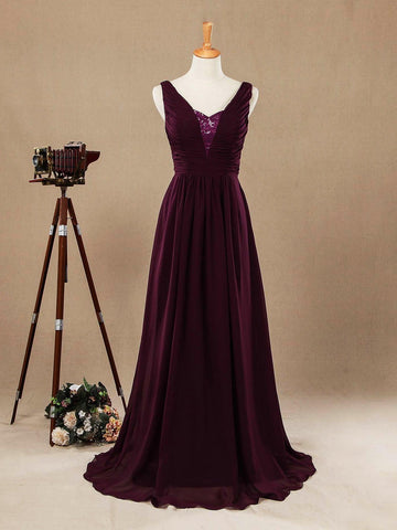 Vestido de noche de dama de honor de gasa con escote en V, tirantes en V y lentejuelas 