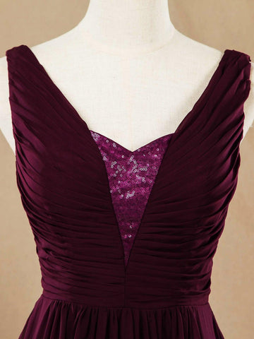 Vestido de noche de dama de honor de gasa con escote en V, tirantes en V y lentejuelas 