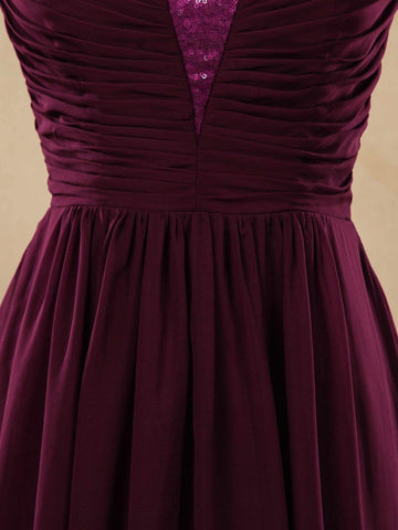 Vestido de noche de dama de honor de gasa con escote en V, tirantes en V y lentejuelas 