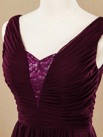 Vestido de noche de dama de honor de gasa con escote en V, tirantes en V y lentejuelas 