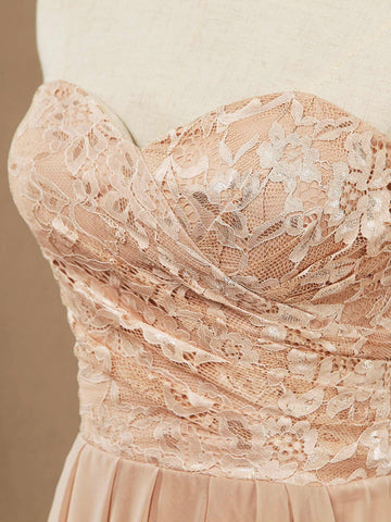 A-line Floor Length Chiffon match Lace Bridesmaid Dresses Sweetheart Strapless