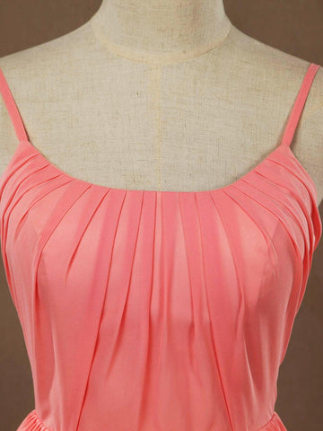 Vestido de dama de honor de gasa con escote redondo, tirantes finos y fruncido, largo hasta el suelo 