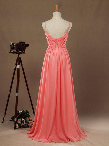 Vestido de dama de honor de gasa con escote redondo, tirantes finos y fruncido, largo hasta el suelo 