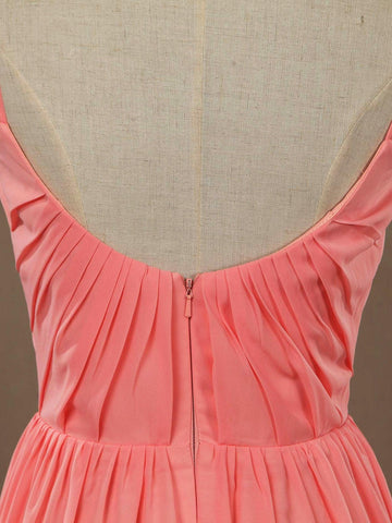 Vestido de dama de honor de gasa con escote redondo, tirantes finos y fruncido, largo hasta el suelo 