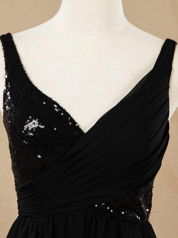 Vestido de dama de honor de gasa con lentejuelas, escote en V, largo hasta el suelo y fruncido, con pliegues 