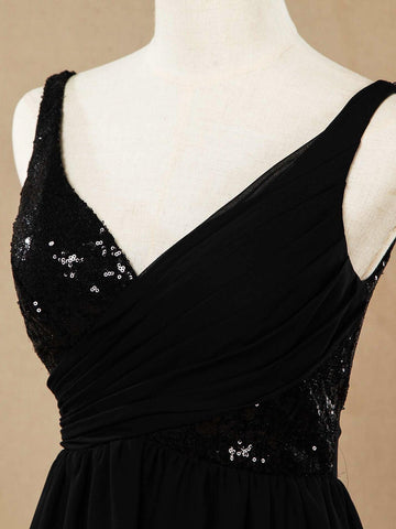 Vestido de dama de honor de gasa con lentejuelas, escote en V, largo hasta el suelo y fruncido, con pliegues 