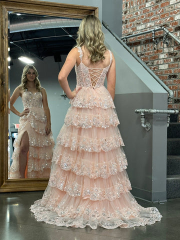 A Line Off the Shoulder Corset Prom Dress with Lace Ruffles